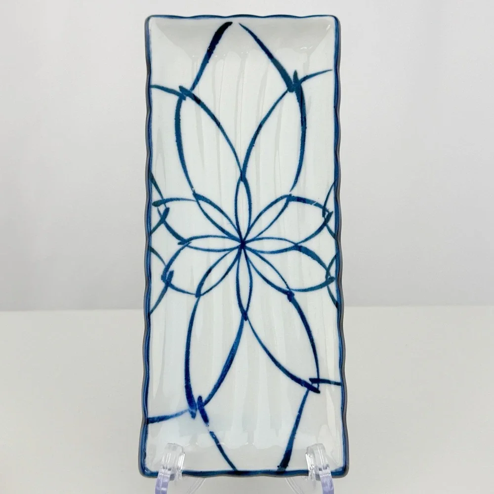 Vintage Japanese Porcelain Sushi Serving Plate Set Blue White Floral Geometric